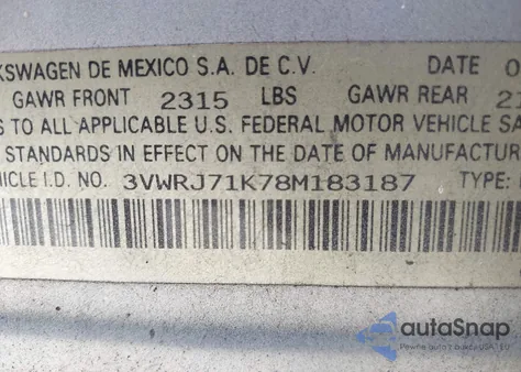 2008 Volkswagen Jetta Wolfsburg Edition из США, поврежденный, VIN 3VWRJ71K78M183187